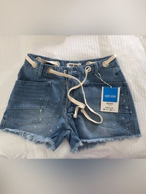 Very J Medium Blue Denim Drawstring Frayed-Hem Shorts